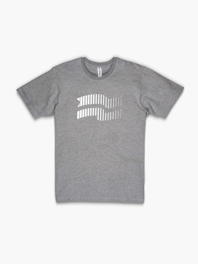 STRIKE MVMNT Men’s Timeless Vented T-Shirt with Velocity flag print in Lunar Grey and White front view