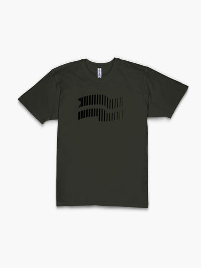 Strike Movement Timeless Vented T-Shirt with Velocity flag print in Burnt Olive Green and Phantom Black front view